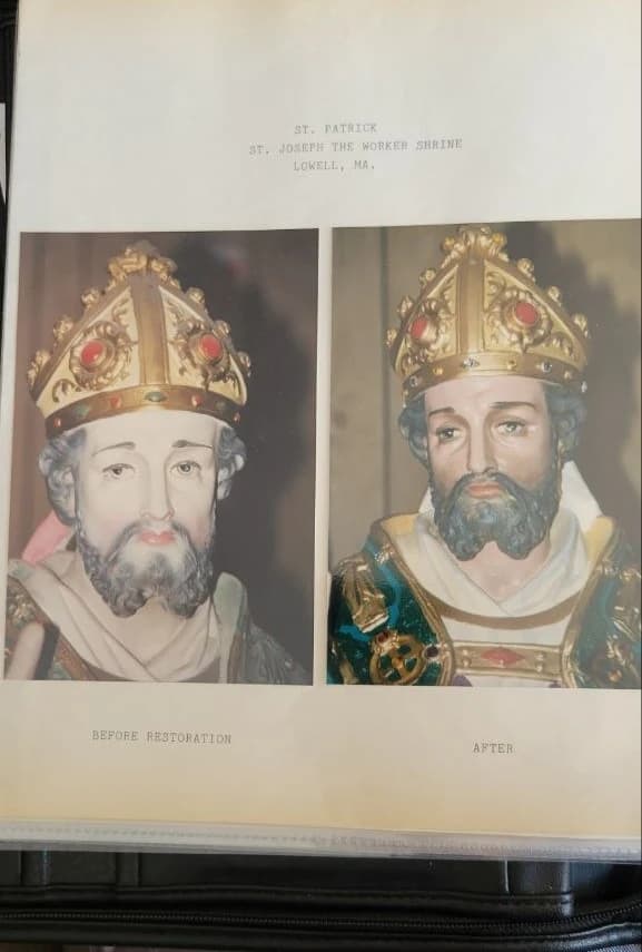 St. Patrick — before and after restoration by Rita M. Shea, St. Joseph the Worker Shrine, Lowell MA